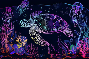 Neon sea turtle with jellyfish and glowing coral isotated on black background.