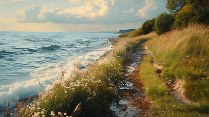 The gentle lapping of waves along a coastal pathway - obrazy, fototapety, plakaty