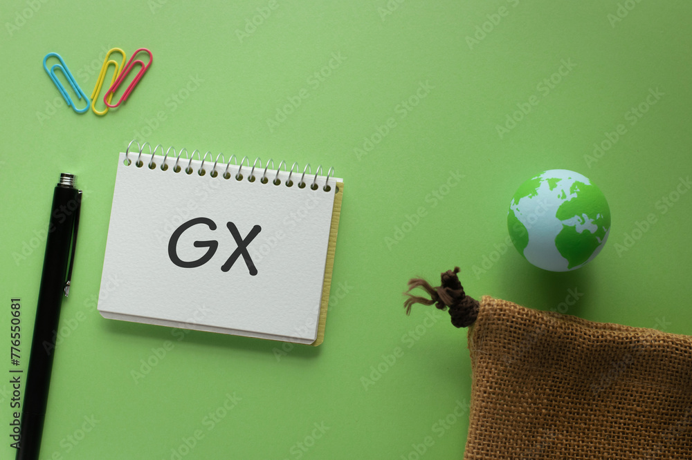 Poster there is notebook with the word gx. it is an abbreviation for green transformation as eye-catching i