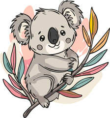 An endearing illustration of a koala on a branch, ideal for educational content or wildlife themes.