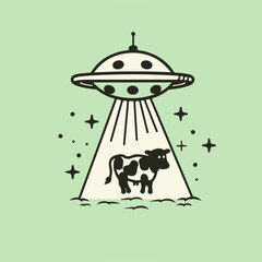 A quirky graphic of a cow being abducted by a UFO  perfect for novelty designs, amusing t-shirts, and sci-fi themes. © OVAVO
