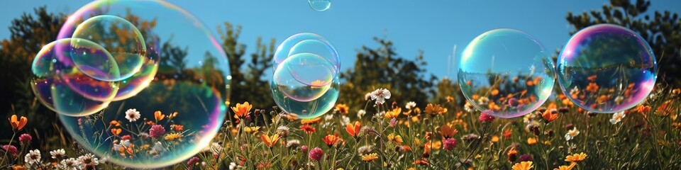 Large Soap Bubbles Reflecting the Sunrise Over a Field of Wildflowers, A Serene and Whimsical Nature Scene
