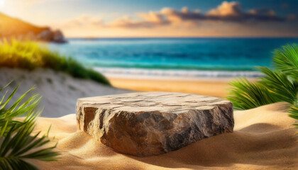 Empty stone podium on sandy beach with sea in background, perfect for product placement