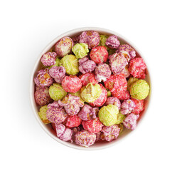 Bucket with sweet colorful popcorn on white background