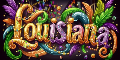 Dazzling Louisiana Typography with Mardi Gras Beads and Festive Flair, A Tribute to the Celebratory State Culture