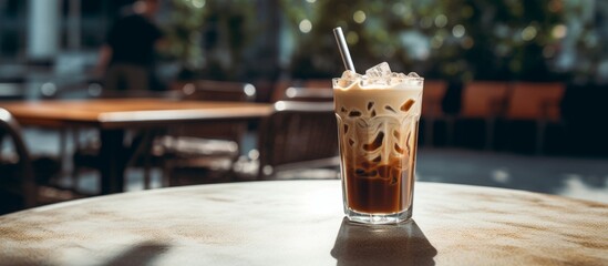 The image features a refreshing, tall glass of iced coffee placed on a wooden table, ready to be enjoyed