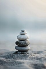 A stack of rocks sits atop a sandy beach, surrounded by the gentle waves of the ocean