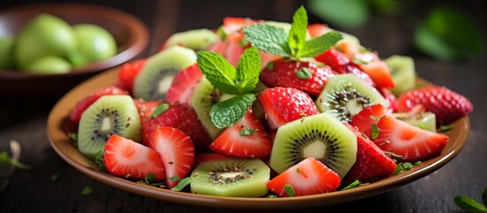 A bowl filled with ripe kiwi and vibrant strawberries, creating a colorful and appetizing display of fresh fruits - obrazy, fototapety, plakaty