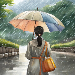 트렌치코트를 멋있게 입고 비오는날 우산 쓴 여성
