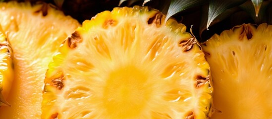 A ripe pineapple fruit is cut open, revealing its juicy flesh and textured skin