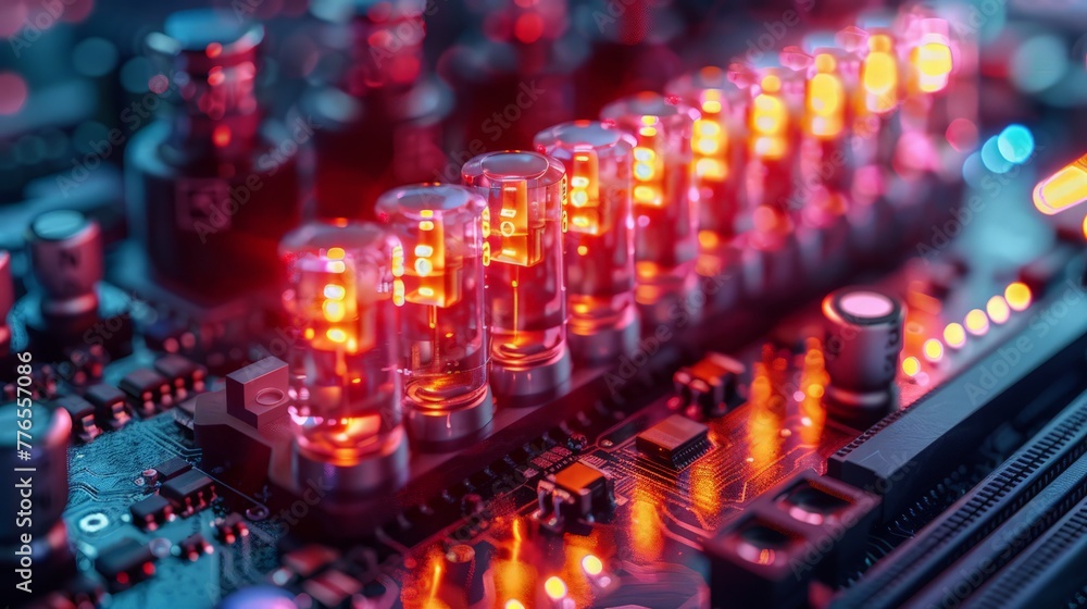 Poster ultra-close-up of a sensor array, neon-lit against a dark, complex machinery background