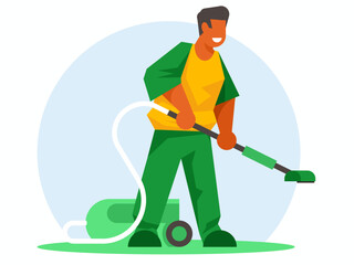 The young man vacuums the room with a vacuum cleaner. Cleanliness and cleaning concept. Vector graphics