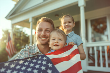 Happy loving family with smiling baby holding American USA Flag draped over shoulders in front the porch of typical American house at sunny day. Family celebrates 4 July Independence Day