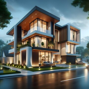 New Contemporary Style Luxury Home Exterior at Twilight Hd and 3D PIC