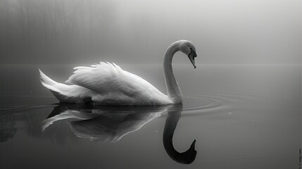 The gentle curve of a swan's neck as it stretches gracefully towards the water, its reflection mirrored perfectly in the still surface of the lake.