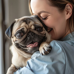 Woman hugging her happy pug in cozy home environment at daytime