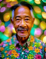 An older Asian man wearing a vibrant shirt, adds a pop of color to his outfit.