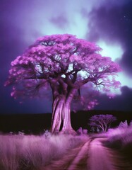 A vibrant purple tree stands tall amidst a vast field, creating a captivating sight in nature's embrace.