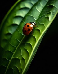 A ladybug with seven black spots on its red shell is crawling on a large green leaf.