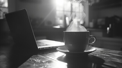 Steaming cup of coffee next to laptop at sunrise, black and white, AI-generative