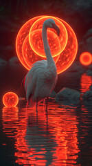 Naklejka premium Magical flamingo in blood red sunset