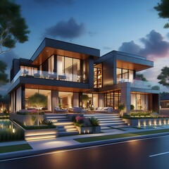 New Contemporary Style Luxury Home Exterior at Twilight Hd and 3D PIC - obrazy, fototapety, plakaty