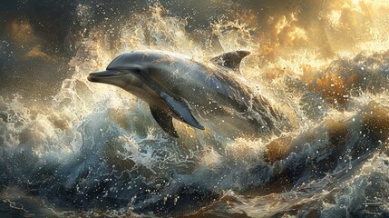 The graceful curve of a dolphin's body as it breaches the surface of the ocean, the sunlight...