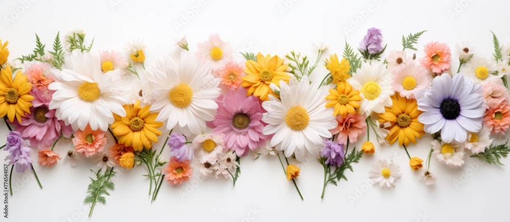 Poster a simple arrangement of assorted flowers placed in a linear formation on a plain white surface