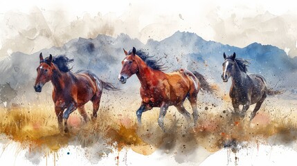 Horses are running in the dry grass fields and mountain background of the Western countryside, Watercolor style, colorful