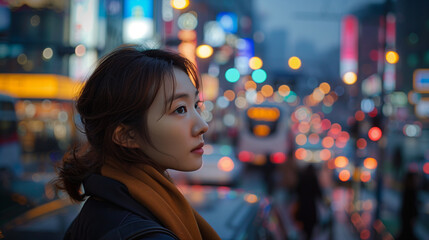 Through the bustling urban street, an adult Korean woman moves amidst the hustle and bustle of city living.