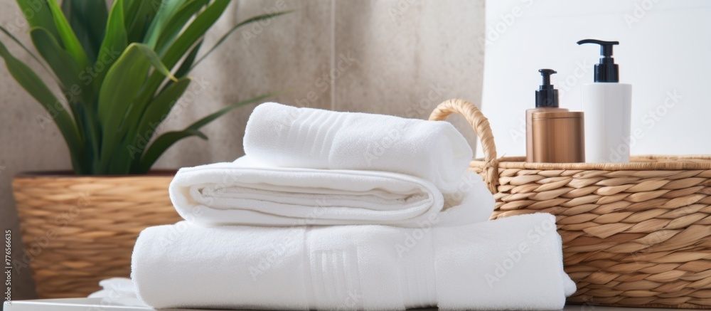 Poster stacked towels of various colors and sizes are neatly arranged on a bathroom shelf next to a basket 