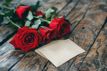 three red roses with empty paper card on old wood table, 4k photo
