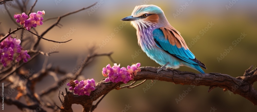 Wall mural A small bird with colorful feathers is peacefully sitting on a thick tree branch in the forest