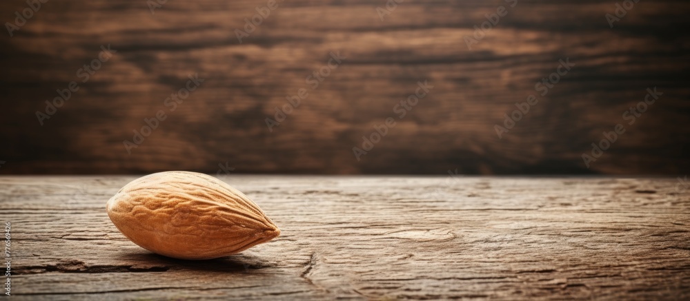 Poster a detailed view of a single walnut shell placed on a rustic wooden table surface, showcasing its uni