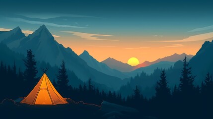  Camping tent in the mountains, forest and sunset, vector illustration flat style