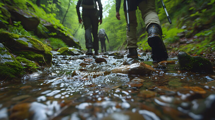 The slick feel of wet stones as hikers cross a stream along the path - obrazy, fototapety, plakaty