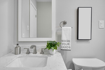 Modern Bathroom Stone Vanity with White Frame Mirror and Empty Photo Frame Mockup, Wash Your Hands...