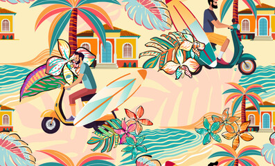 pattern of a tropical surf artwork, with multicolored hand drawn elements and funny background perfect for textile and decoration	