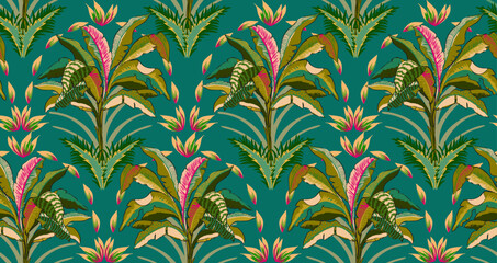 Seamless pattern with tropical palms. Linear style trees. Vector botanical illustration. Foliage design for wallpaper, textile paper and wrapping paper.