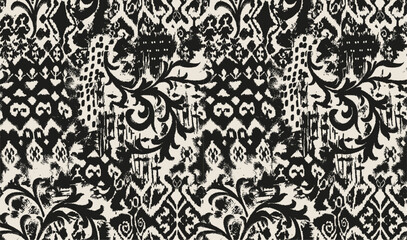 patchwork floral pattern with ikat style and hand made motifs. damask style pattern for textil and decoration