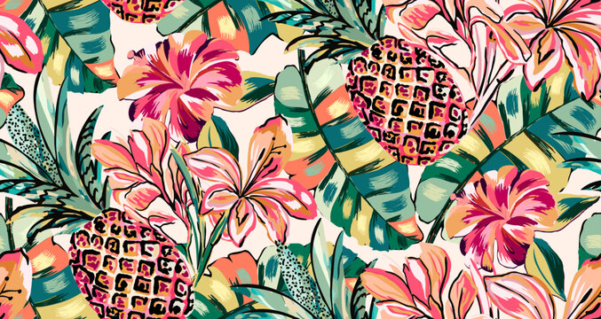 Summer floral pattern looking like watercolors, tropical pattern perfect for textiles and decoration