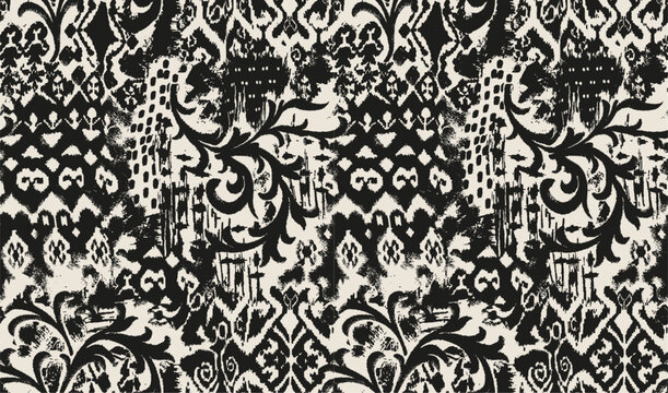 patchwork floral pattern with ikat style and hand made motifs. damask style pattern for textil and decoration