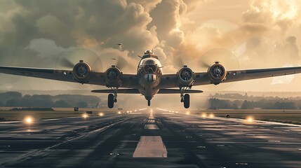  cinematic shot of WW2 bomber taking off from runway,