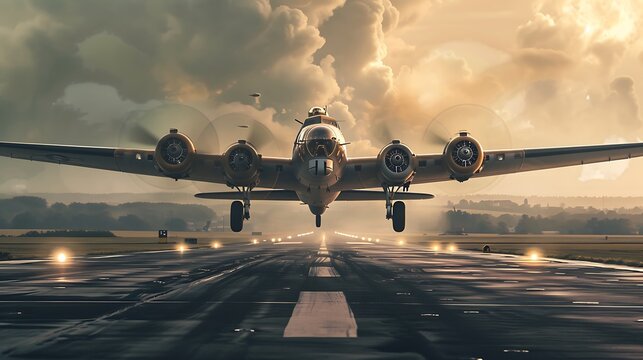  cinematic shot of WW2 bomber taking off from runway,