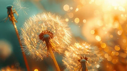 Fotobehang The delicate filaments of a dandelion seed head, catching the light and glowing like tiny stars in the grass. © rajpoot 