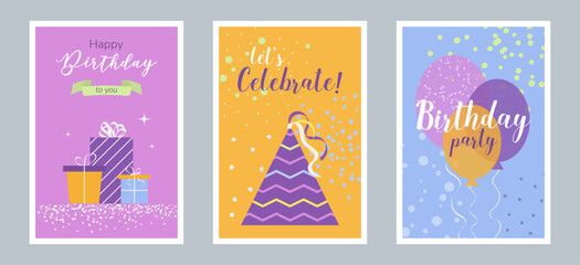 Set of Happy Birthday greeting cards or party invitations. isolated multicolored flat illustrations. Vector postcards with gift boxes, balloons and party hat. Layered templates. Invitation concept.