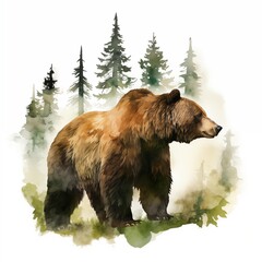 Brown bear. Bear in forest clipart. Forest animal. Watercolor illustration. Generative AI. Detailed illustration.