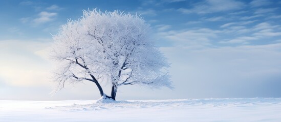 Solitary tree in a field covered with snow, set against a backdrop of a bright blue sky