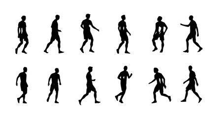 set of silhouettes people in various walking different poses vector clip art illustration.
