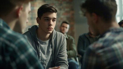 Young caucasian man sitting in a support group, listening to others, concept of sobriety and recovery from alcoholism/addiction